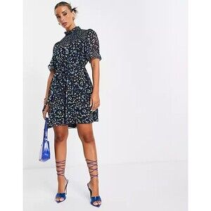 FRENCH CONNECTION Mini Tea Dress L Blue Ditsy Floral Mock Neck Chiffon NEW B88